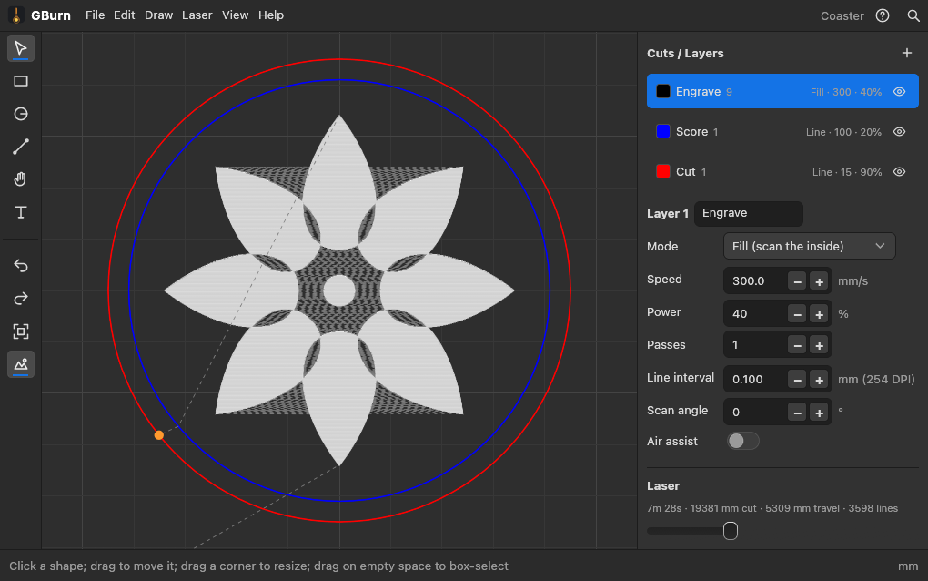 GBurn in the browser: a coaster design with a red cut outline, a blue score ring and an engraved leaf pattern, the cut settings and the laser panel on the right